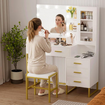Garvee Makeup Vanity with Stool Charging Station, Vanity Desk with Mirror and Lights, Vanity Table Set with Storage Drawers Shelves, Makeup Dressing Table