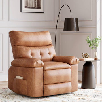 Garvee 27" Oversized Rocker Recliner Chair, PU Leather 360° Swivel Recliner with Side Pockets and Cup Holders, Manual Lazy Boy Recliner Chair for Living Room, Bedroom, Home Theater, Brown