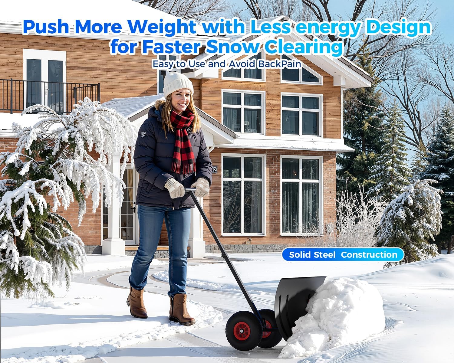 Garvee 29"W X 20"H Snow Shovel Pusher with 29" Metal Blade & Adjustable Handle, Heavy-Duty Steel Frame, Dual 10" Wheels, Replaceable Strip, for Driveways & Sidewalks