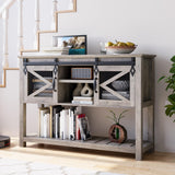 Garvee Farmhouse Entryway Table with Sliding Barn Doors, Sofa Table with Storage and Open Shelf, Console Tables for Entryway, Hallway, Washed Grey - Washed Gray