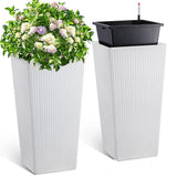 Garvee 30 Inch Tall Planter Set of 2 Large Rattan Flower Pot with 2 Trays & a Water Level Monitor & Wheels Outdoor and Indoor for Patio, Porch, Living Room, or Home Office, White - White