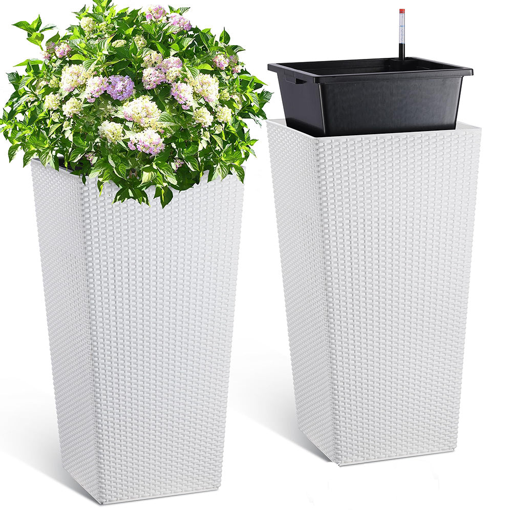Garvee 30 Inch Tall Planter Set of 2 Large Rattan Flower Pot with 2 Trays & a Water Level Monitor & Wheels Outdoor and Indoor for Patio, Porch, Living Room, or Home Office, White