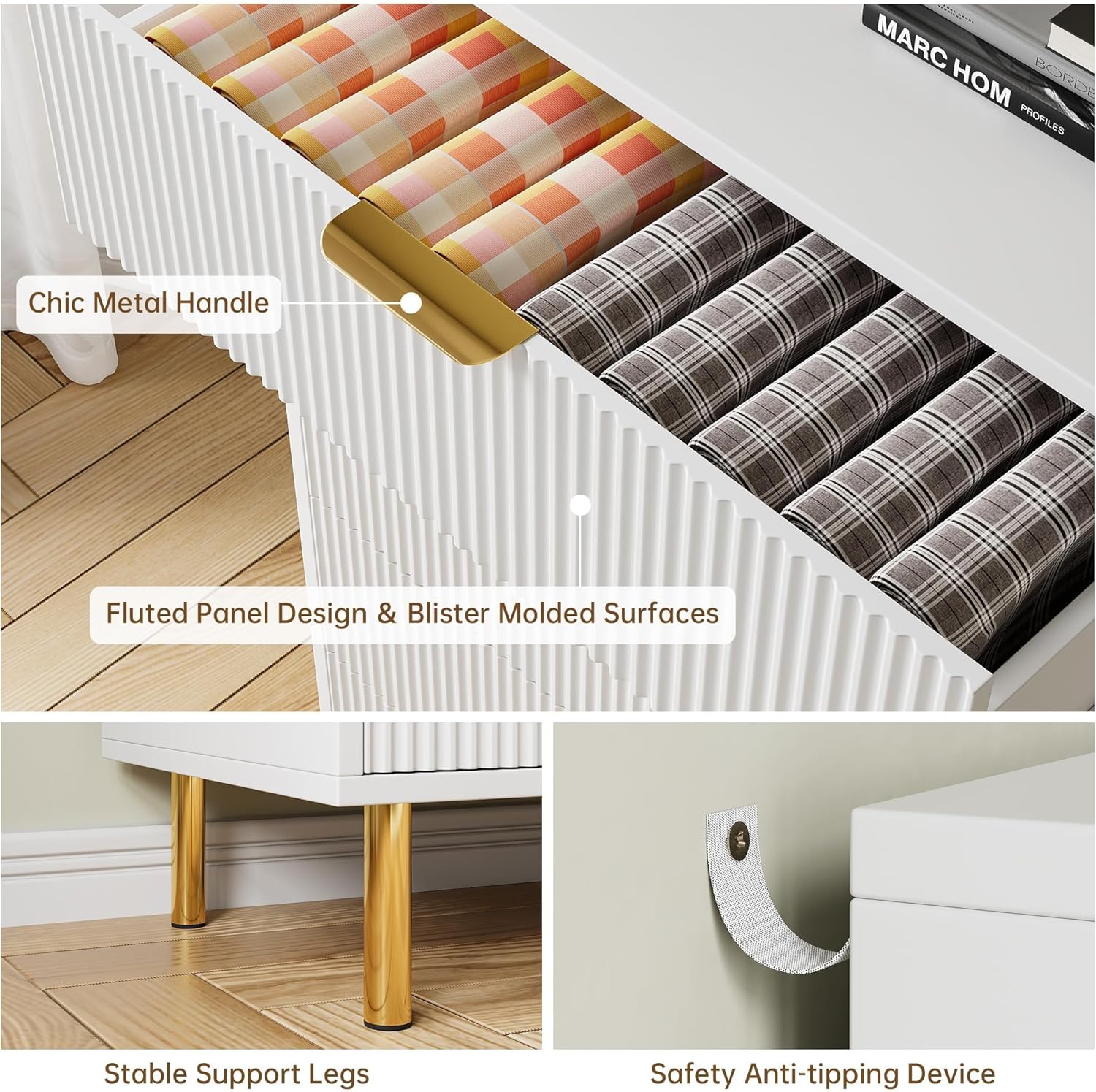 Garvee 3 Drawer Dresser for Bedroom, Modern Wood Storage Chest with Gold Metal Handles, Anti-Tipping Design, Large Nightstand Organizer for Entryway, Hallway, Living Room, White