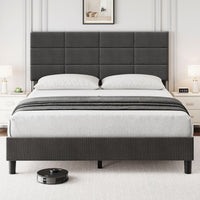 Queen bed frame with adjustable headboard, noise-free design, and dark gray linen upholstery.