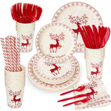 Garvee 215 Pcs Christmas Plates and Napkins Set Serve 25, Christmas Elk Disposable Tableware Set, Christmas Decorations Includes Plates, Cups, Napkins, Christmas Tableware - Red