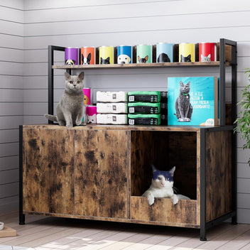 Garvee Litter Box Enclosure, Large Cat Litter Box Enclosure with Storage Shelf and Cat Claw Board, Wooden Hidden Cat Litter Box Furniture with 2 Doors, Rustic Brown