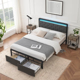 Garvee Full Size Bed Frame with Storage Drawers, LED Lights, Linen Upholstered, Metal Slats, Easy Assembly, Dark Grey - Linen Gray