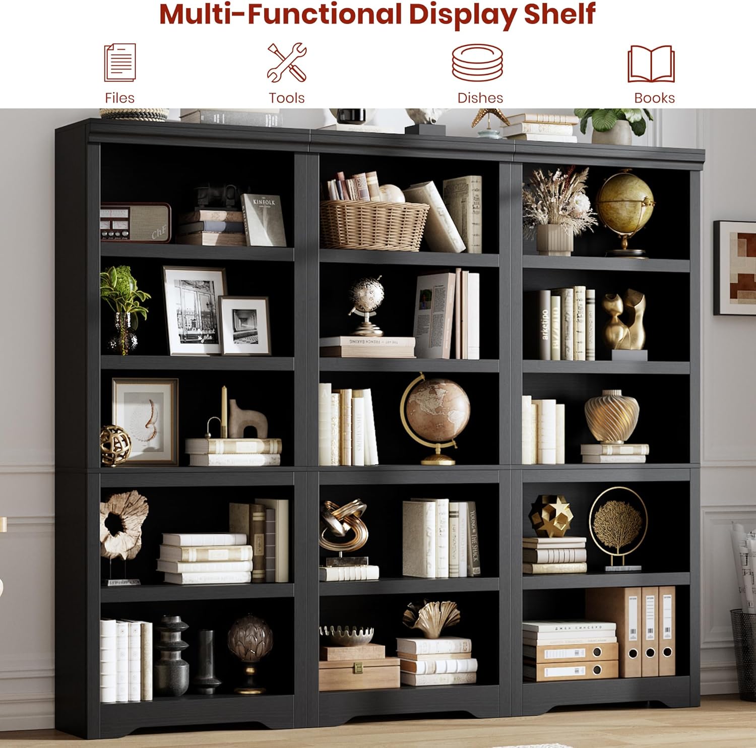 Garvee 5 Tier Bookshelf, 69" Tall Farmhouse Bookcase with Adjustable Shelves, 23.6" W Floor Standing Open Display Storage Rack with Anti-Slip Design for Home Office, Balcony, Library, Study / Living Room, Black