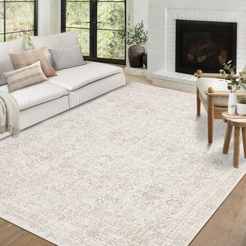 Garvee 9x12 Area Rug Large Washable Indoor Carpet with Non-Slip Backing, Non-Shedding Oriental Distressed Printed Rug, Traditional Medallion Area Rug for Living Room, Bed Room, Beige