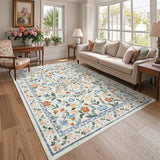 Garvee Floral 8x10 Green Washable Area Rug Non-Slip Non-Shedding Soft Vintage Living Room Rug, Low Pile Farmhouse Floral Carpet, Non-Shedding Foldable Printed Rug for Home Office Kids Playroom - Green