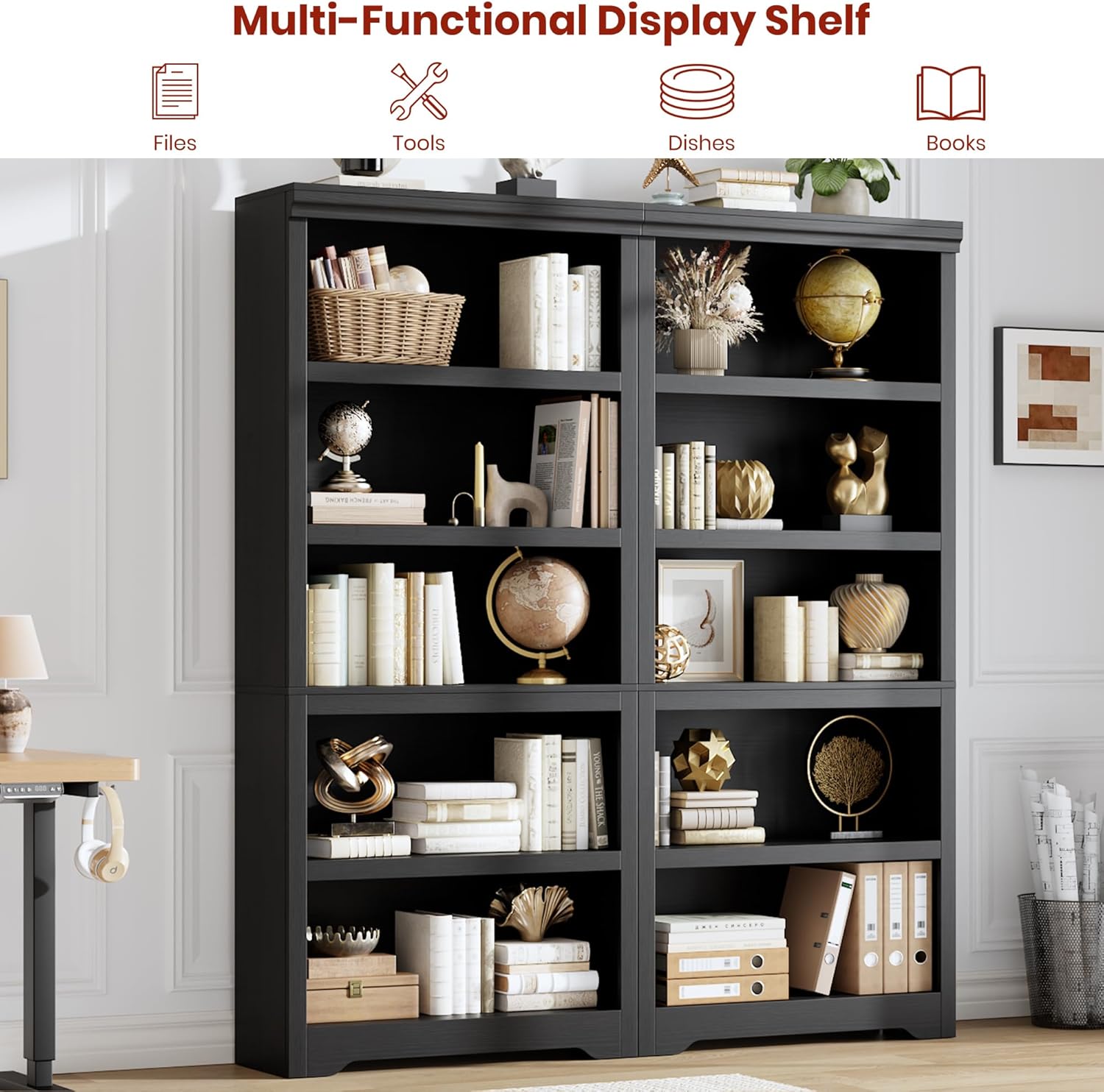 Garvee 5 Tier Bookshelf, 69" Tall Farmhouse Bookcase with Adjustable Shelves, 31.5" W Floor Standing Open Display Storage Rack with Anti-Slip Design for Home Office, Balcony, Library, Study / Living Room, Black