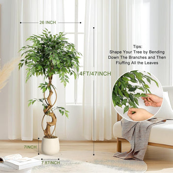 Garvee Ficus Artificial Tree with Curved Trunk, 4ft Faux Plant Fake Silk Trees with White Pot, Fake Ficus Tree for Home Decor, Artificial Plants Outdoor for Indoor Office Living Room