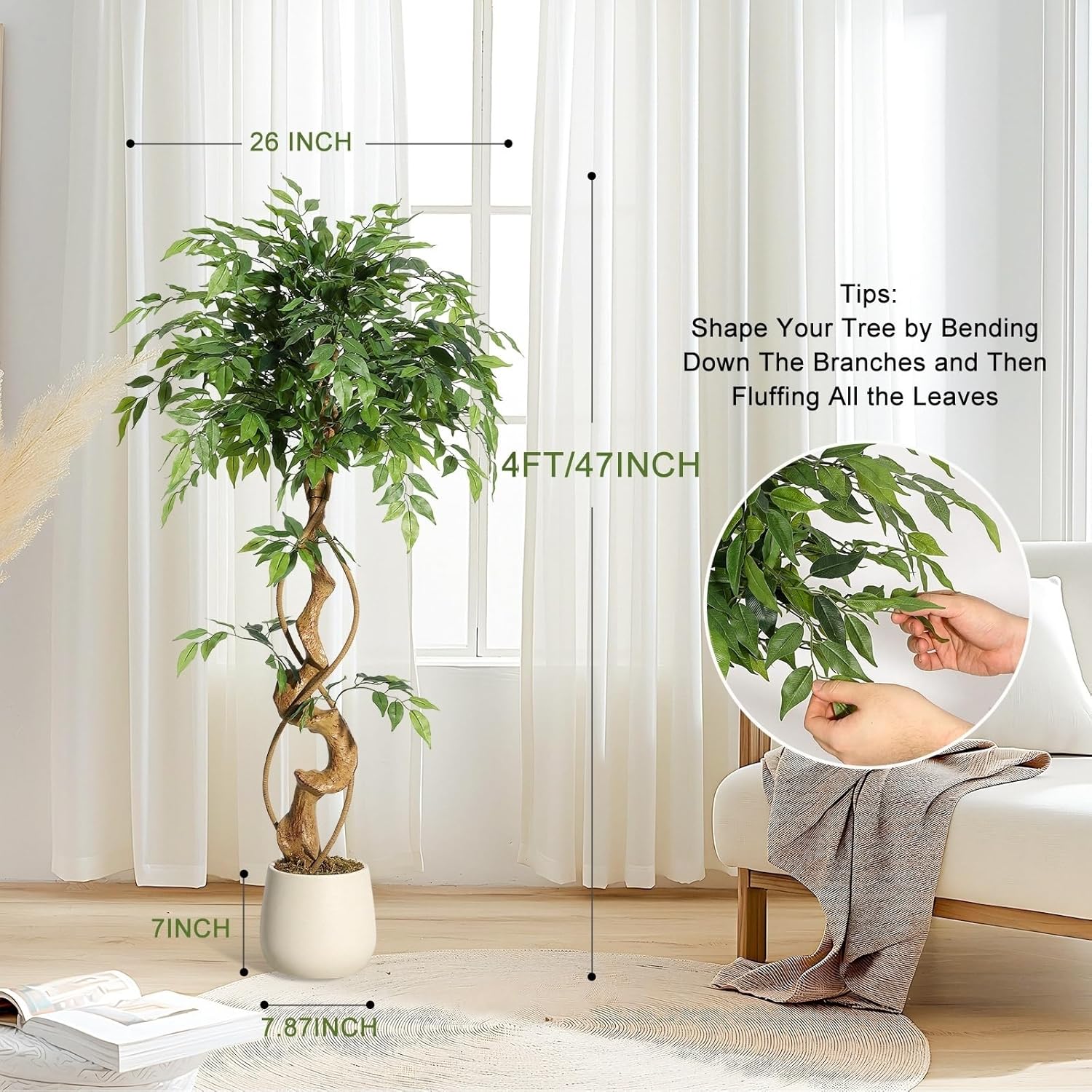 Garvee Ficus Artificial Tree with Curved Trunk, 4ft Faux Plant Fake Silk Trees with White Pot, Fake Ficus Tree for Home Decor, Artificial Plants Outdoor for Indoor Office Living Room