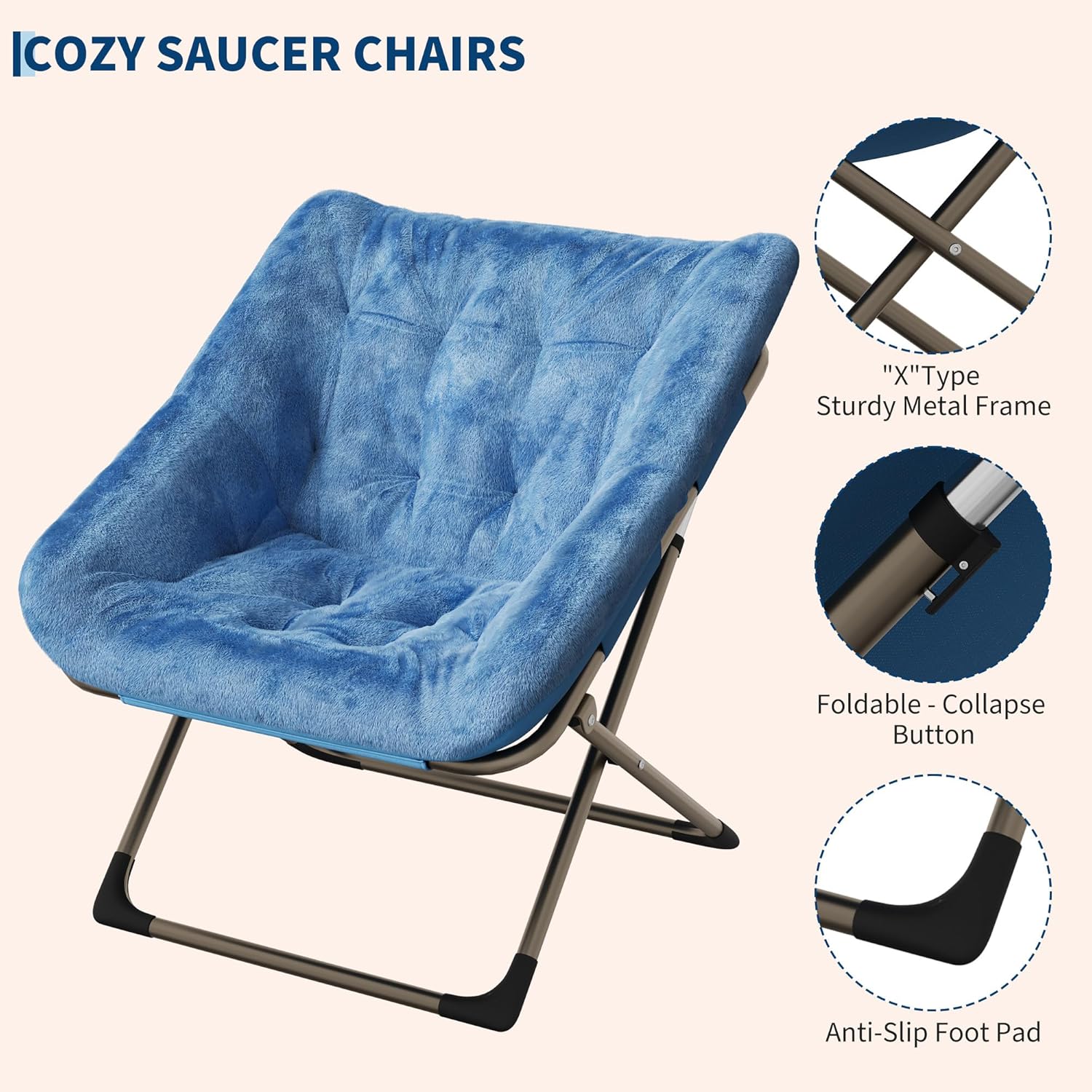 Garvee Folding Saucer Chairs for Adults, Comfy Faux Fur Lazy Chair with Metal Frame, 300 LB Capacity, No Assembly Required for Living Room, Bedroom, Dorms, Blue