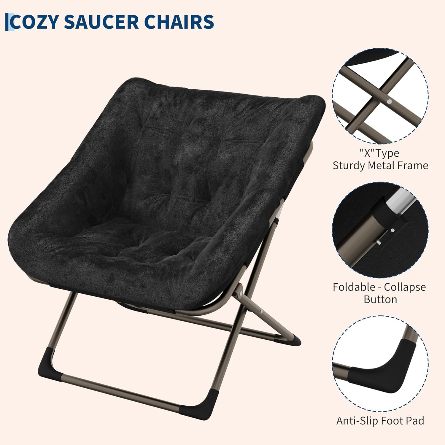 Garvee Folding Saucer Chairs for Adults, Comfy Faux Fur Lazy Chair with Metal Frame, 300 LB Capacity, No Assembly Required for Living Room, Bedroom, Dorms, Black