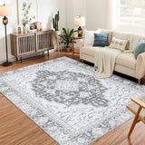Garvee Washable Vintage Floral Area Rug 5x7- Non-Slip Print, Non-Shedding, Soft Foldable Carpets for Dining Room, Bedroom, Living Room, Kitchen Entryway, Grey - Gray