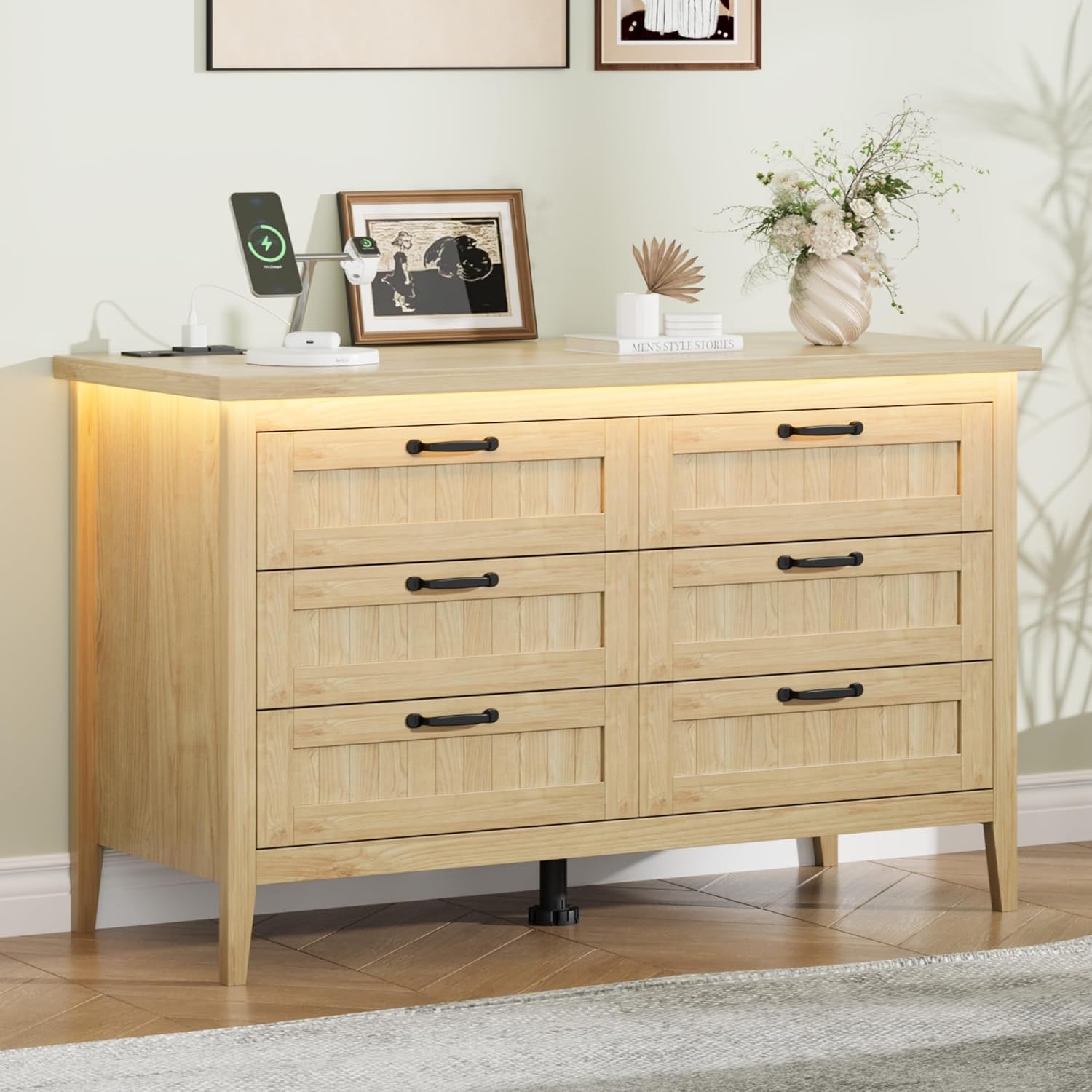 Garvee 6 Drawer Dresser with Power Outlet, Natural Dresser with LED Light, Modern Chest of Drawers for Closet, Double Wide Drawer Organizer Cabinet for Bedroom, Living Room