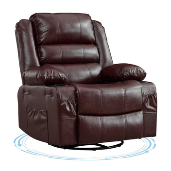 Garvee Rocking Recliner Chair for Adults, Wide 360° Swivel Rocker Recliner with Cup Holder, Nursery Glider with Upholstered Deep Seat PU Leather Comfy Single Sofa for Living Room, Coffee