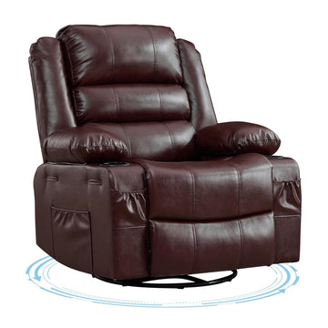 Garvee Rocking Recliner Chair for Adults, Wide 360° Swivel Rocker Recliner with Cup Holder, Nursery Glider with Upholstered Deep Seat PU Leather Comfy Single Sofa for Living Room, Coffee