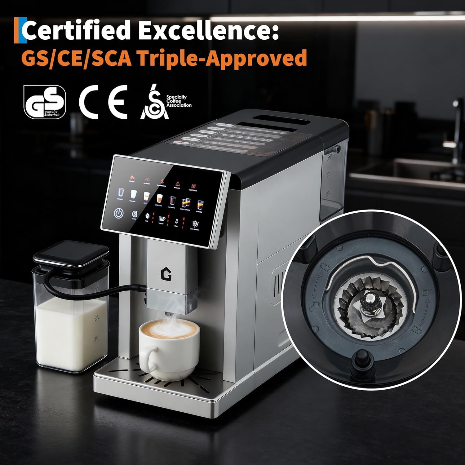 GARVEE 20 Bar Fully Automatic Espresso Machine & Coffeemaker with Integrated Grinder, One-Touch Milk Frother, Dual Boiler, Self-Cleaning, Adjustable Settings, Silver