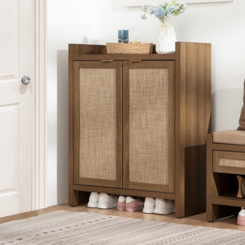Garvee Boho 32" Rattan Shoe Storage Cabinet with 2 Doors and Adjustable Shelves for Entryway, Hallway, Living Room and Bedroom, Dark Oak
