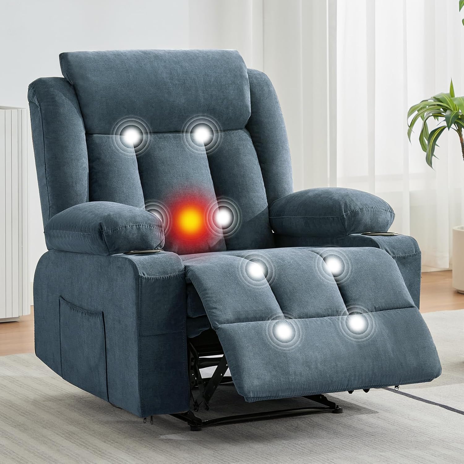 Garvee Recliner Chair 24" Seat Width, Manual Reclining Sofa with Massage and Heat, Comfy Overstuffed Rocking Chair with Side Pockets, Front Pockets and Cup Holder for Living Room, Blue