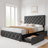 Garvee Queen Size Bed Frame with 4 Storage Drawers, Linen Upholstered Platform Bed Frame with Wooden Slats Support, Diamond Stitched Button Tufted, No Box Spring Needed, Dark Grey - Dark Grey