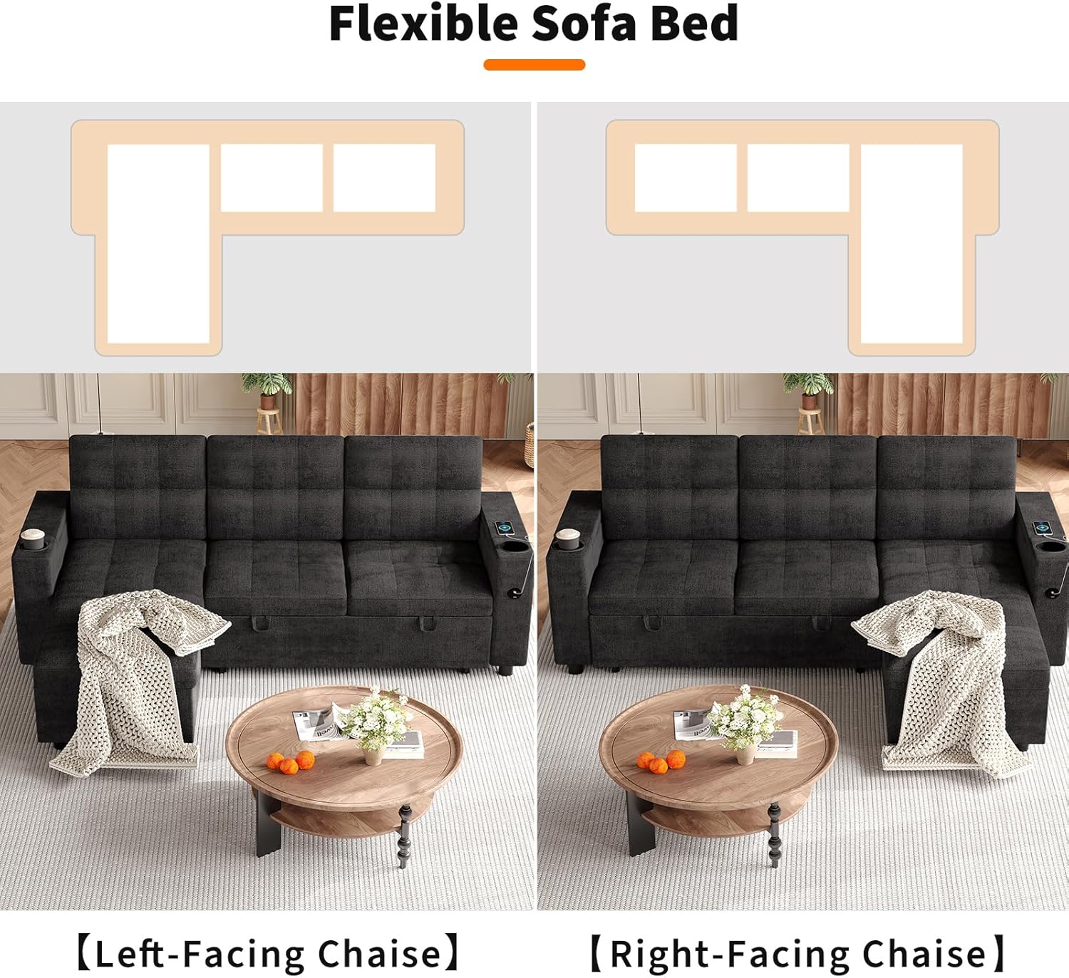 Garvee L-Shaped Sectional Sleeper Sofa with Pull Out Bed,  Reversible Storage Chaise, Hidden Storage Armrests, Cup Holders & USB Charging Ports, Convertible Couches for Living Room, Apartment, Black