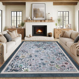Garvee 8x10 Area Rugs Washable Boho Non Slip Floral Vintage Low Pile Large Carpet Gray Blue for Living Room Bedroom Farmhouse Dining Room Kids Playroom - Gray Blue