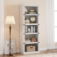 Garvee Farmhouse Bookcase 5 Tiers Tall Wooden 67.4" with Storage, Colonial Molding, MDF Boards, Iron Angle Design, Home Office, Living Room, White