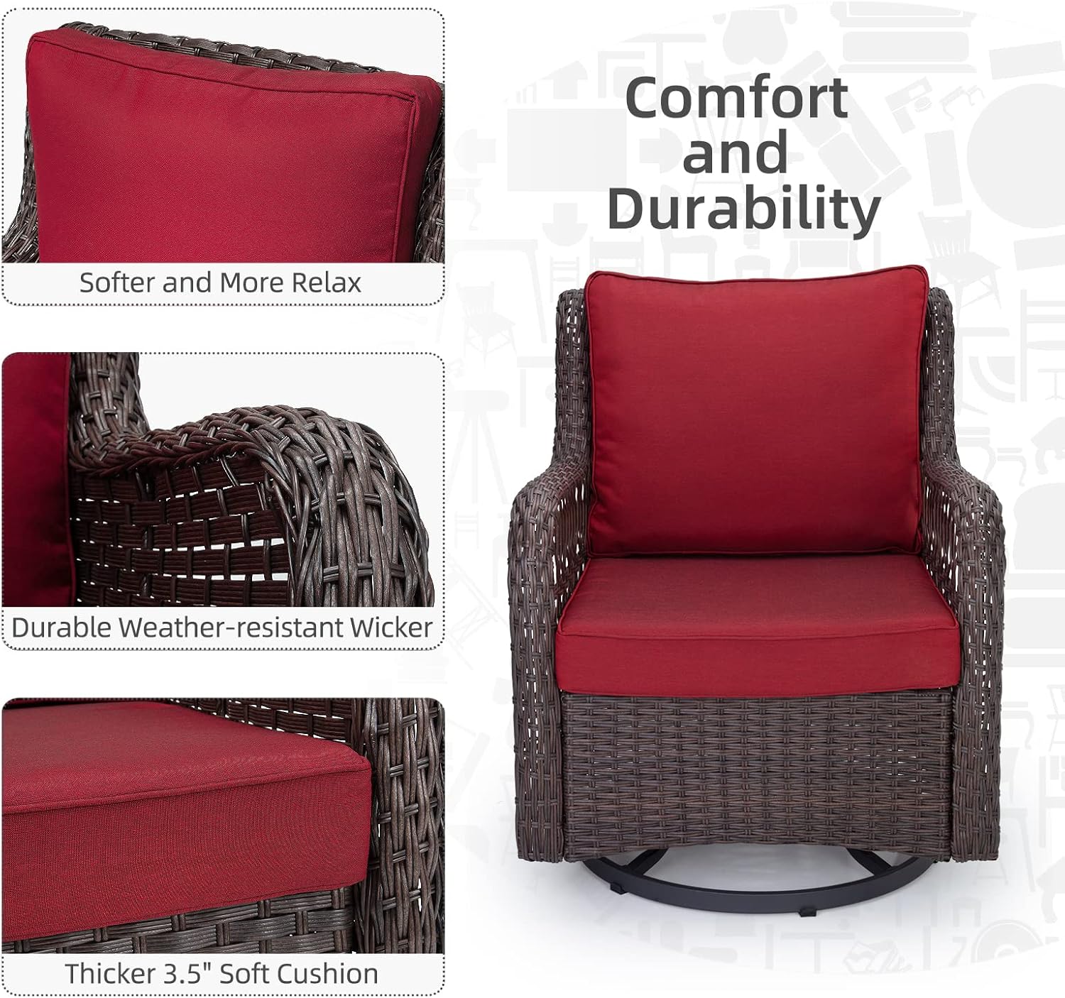 Garvee 3 Pieces Rattan Swivel Rocking Chair Outdoor, Patio Bistro Conversation Furniture Set, Wicker Chair with Cushions and Table - Red