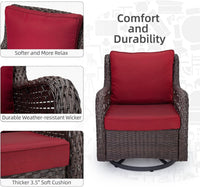 Garvee 3 Pieces Rattan Swivel Rocking Chair Outdoor, Patio Bistro Conversation Furniture Set, Wicker Chair with Cushions and Table - Red