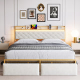 Garvee Queen Bed Frame with Storage Headboard and 2 Drawers LED Lights Metal Platform Bed Frame with USB Ports&Outlets, Noise Free, No Box Spring Needed, White - Gold + Off White