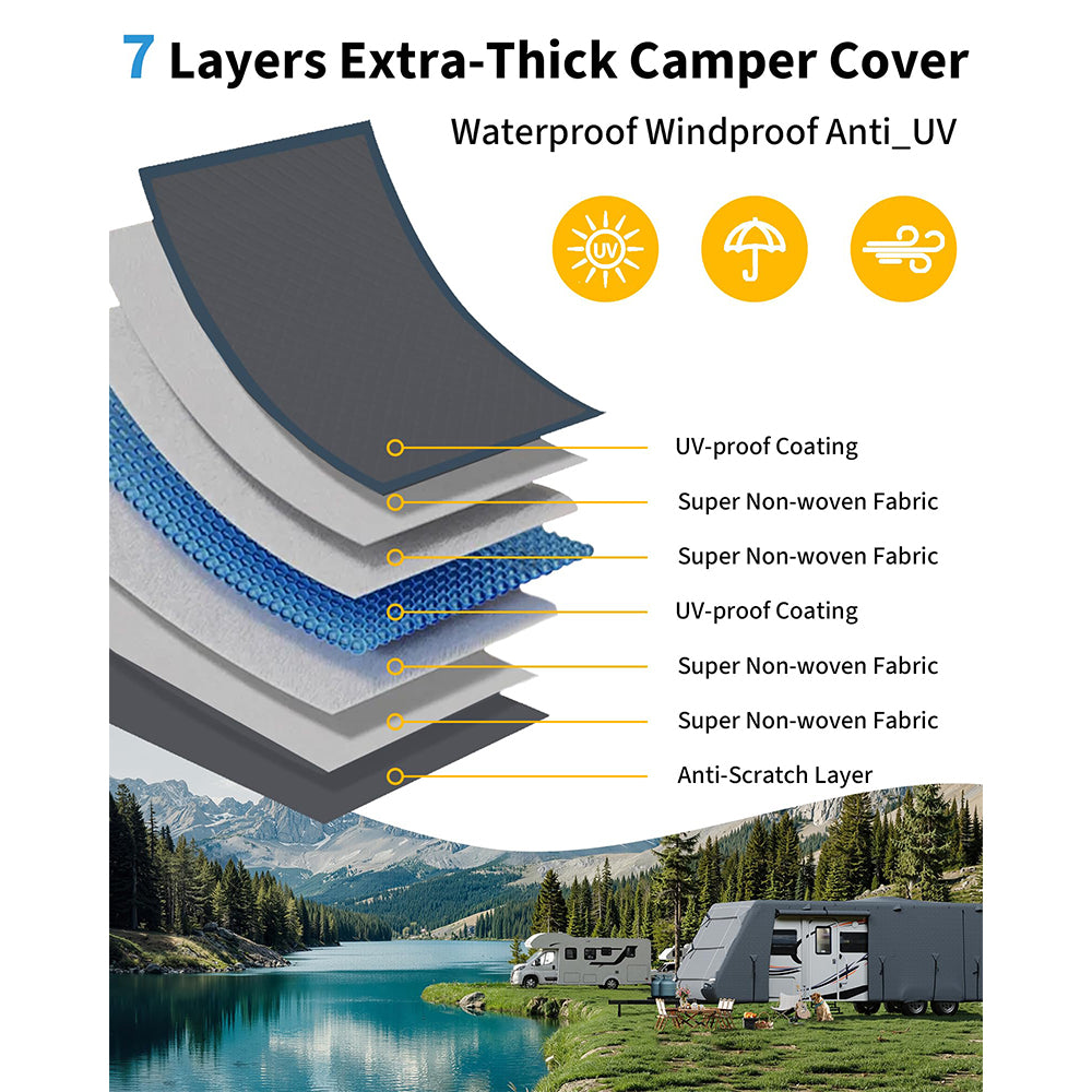 Garvee Travel Trailer RV Cover 7-Layer Heavy-Duty Camper Cover 24'-27' with Windproof Straps & Tire Covers, Waterproof, UV Resistant