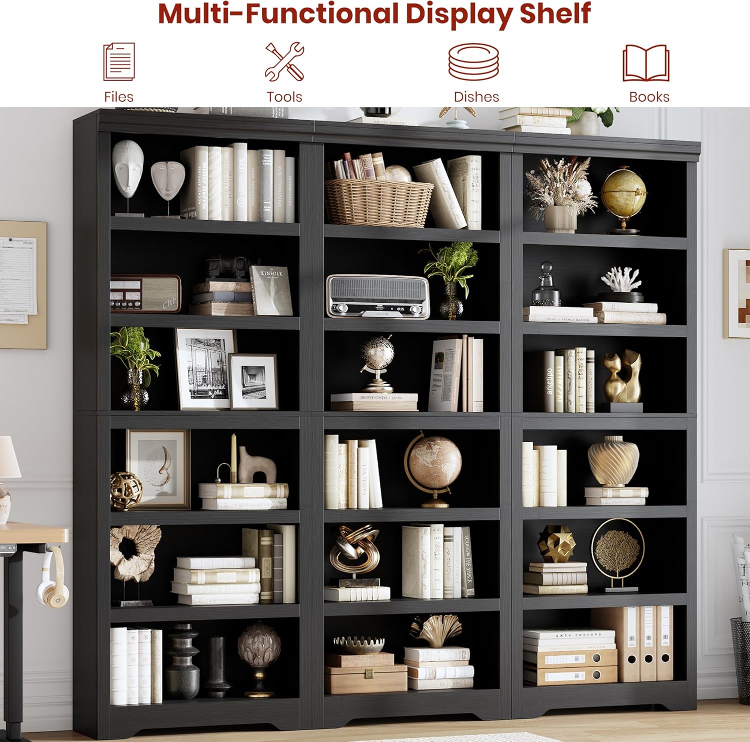 Garvee 6 Tier Bookshelf, 75" Tall Farmhouse Bookcase with Adjustable Shelves, 23.6" W Floor Standing Open Display Storage Rack with Anti-Slip Design for Home Office, Balcony, Library, Study / Living Room, Black