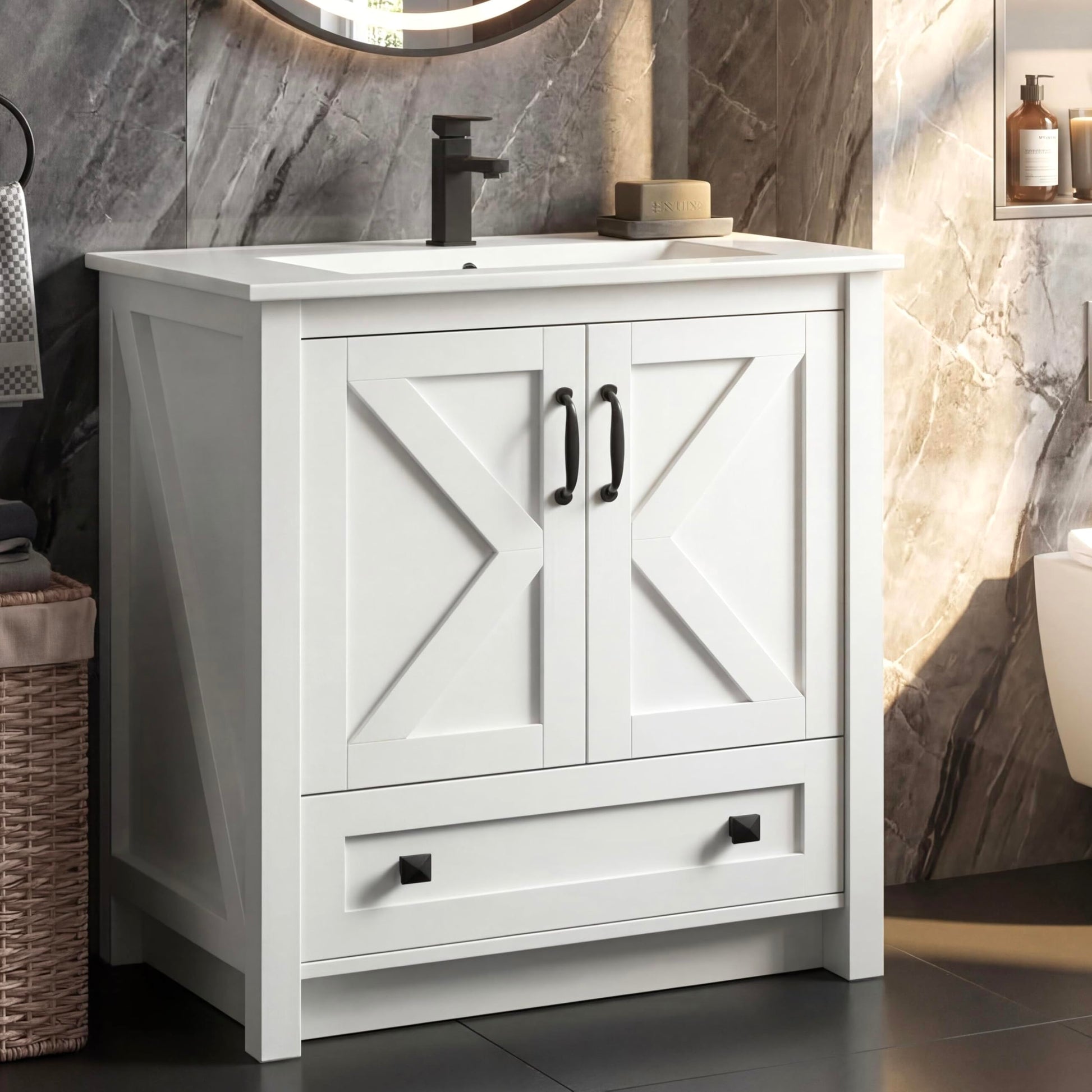 Garvee Modern 30" Freestanding Bathroom Vanity with with 2 Doors and Storage Drawer for Bathroom, White