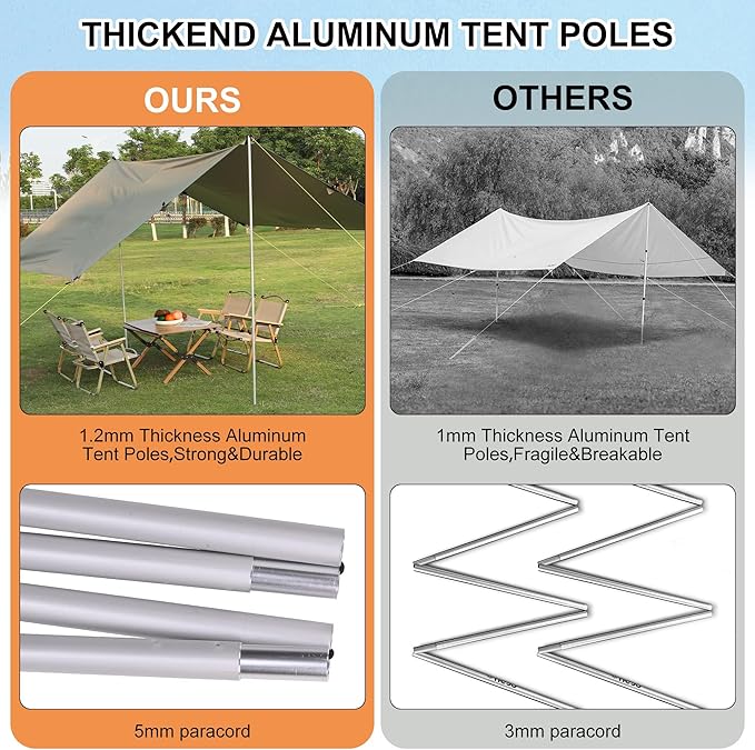 Garvee 10x9ft Camping Tarp - Waterproof Hammock Rain Fly with 2 Aluminum Poles, Lightweight Backpack Tent Tarp for Travel, Green