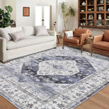Garvee Washable Area Rug 10x13 Large Area Rugs for Living Room Vintage Non-Slip Indoor Soft Accent Carpet Low Pile Non-Shedding Oriental Distressed Throw Rugs for Bedroom Nursery Dorm Office Blue - Blue