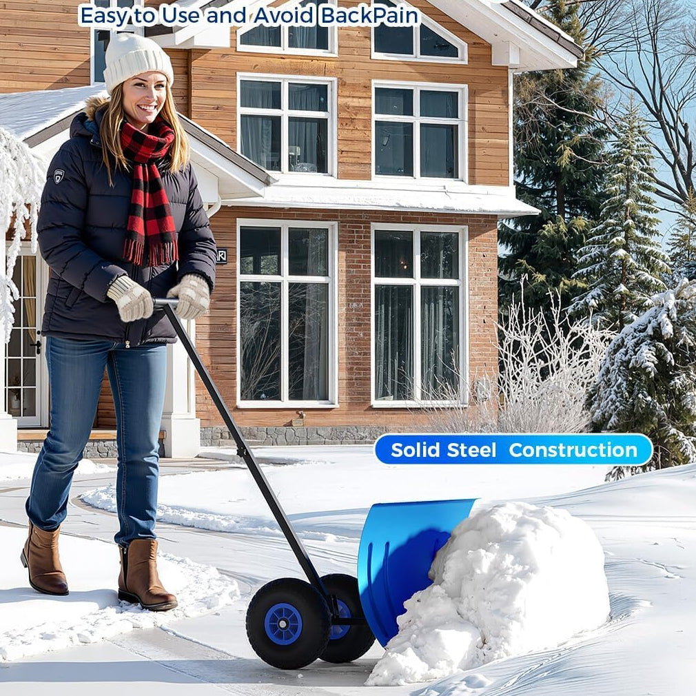 Garvee Snow Shovel with Wheels 29"W X 20" H Steel Adjustable Handle Dual-Wheel Heavy Duty Replaceable Blade Driveway Sidewalk