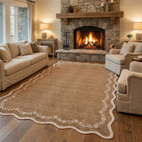 Garvee Scalloped Area Rugs 8x10 Solid Brown Washable Soft Non Slip Backing for Living Room Bedroom Dining Room - Brown