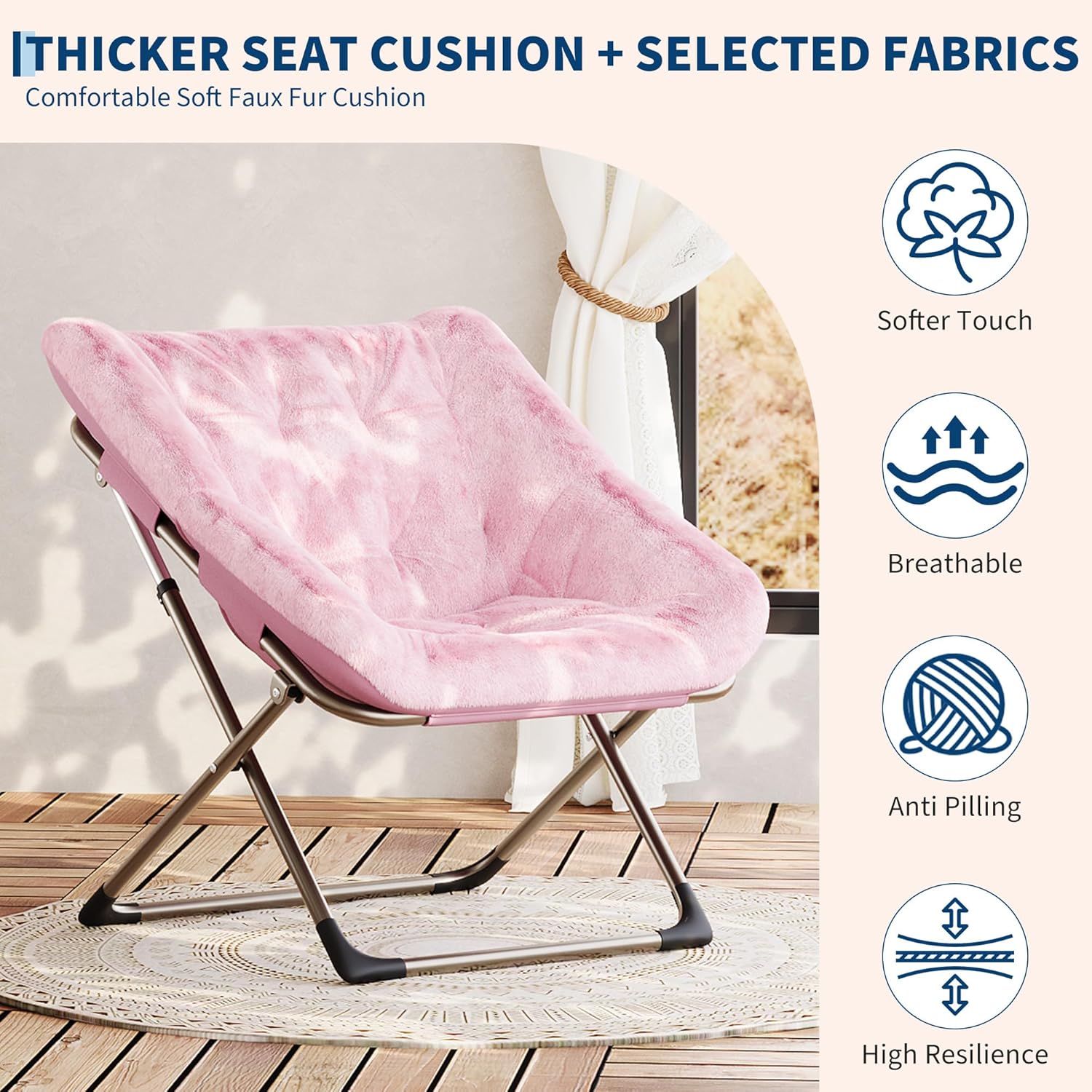Garvee Folding Saucer Chairs for Adults, Comfy Faux Fur Lazy Chair with Metal Frame, 300 LB Capacity, No Assembly Required for Living Room, Bedroom, Dorms, Pink