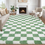 Garvee Checkered Rug 10x13 Thick Shag Washable Non-Slip Soft Plush Carpet Green White for Living Room Bedroom Home Decor - Green