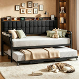 Garvee Daybed with Trundle, Metal Twin Bed Frame with Upholstered Storage Headboard, Charging Station & LED, Sofa Bed with, Side Pockets, Sturdy Supports for Living Room and Bedroom, Black - Black