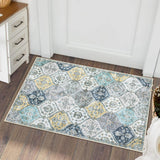 Garvee Washable Area Rug Moroccan Trellis Entryway Rug Doormat Stain Resistant Non-Slip Accent Rug Vintage Medallion Distressed Floor Carpet for Front Entrance Kitchen, Blue/Yellow, 2' x 3' - Blue/Yellow