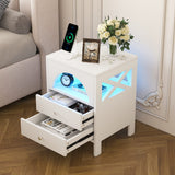 Garvee Modern Nightstand with LED Lights USB Charging Ports Bedside Table 2 Drawers White