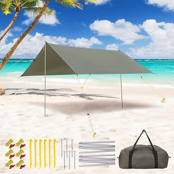 Garvee 10x9ft Camping Tarp - Waterproof Hammock Rain Fly with 2 Aluminum Poles, Lightweight Backpack Tent Tarp for Travel, Green