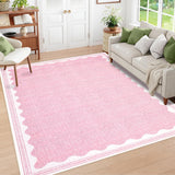 Garvee Modern Pink 8x10 Scalloped Washable Area Rugs for Living Room, Solid Rug for Bedroom Girls, Non Slip Throw Carpet With Rubber Back, Soft Dorm Nursery Rugs for Dining Room - Pink