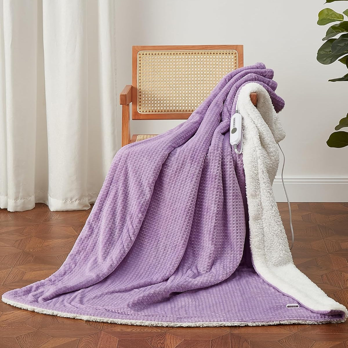 Garvee Electric Heated Throw Blanket, Waffle Textured Heating Blanket, Plush Flannel & Sherpa for Sofa, 4 Heat Levels, 4-Hour Auto Shut Off, Machine Washable, 50"x60", Purple