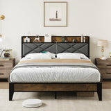 Garvee Full Bed Frame with Charging Station and Storage Shelf, Metal Platform Bed with Upholstered Headboard, Tufted Design, Steel Slats Support, No Box Spring Needed, Easy Assembly, Grey - Grey
