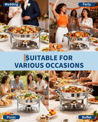 Garvee Commercial Grade 6 Pack 5QT Stainless Steel Round Chafing Dish Buffet Set - Durable Insulated Food Warmer with Stackable Lids for Catering, Parties, Weddings, Banquets - Portable Buffet Server, 6pcs